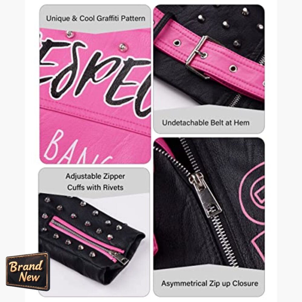 Faux Leather Moto Jacket with Studded Rivets, Belted Hip-Length Streetwear - Picture 4 of 7